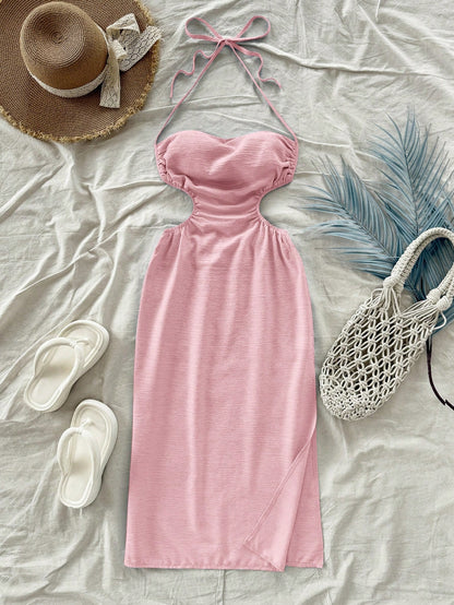Soleia Women's Soft Pink Summer Casual Beach Holiday Vacation Draped Neck Hollow Out High Slit Backless Tied Waist Midi Dress No Chest Padding