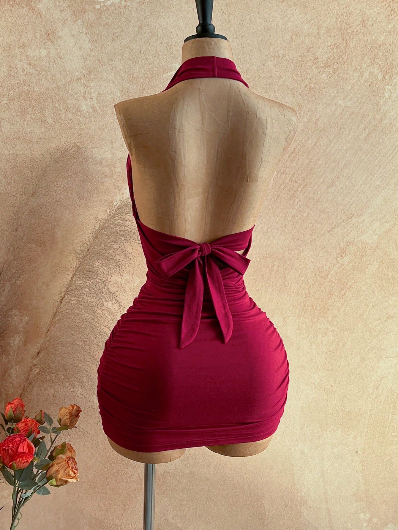 Soleia Women's Solid Color Plunging Neck Sleeveless Backless Fitted Mini Dress, Summer, Party Dress For Women Nightclub, Ruched Bodycon Dress,No Breast Pads