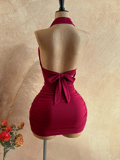 Soleia Women's Solid Color Plunging Neck Sleeveless Backless Fitted Mini Dress, Summer, Party Dress For Women Nightclub, Ruched Bodycon Dress,No Breast Pads