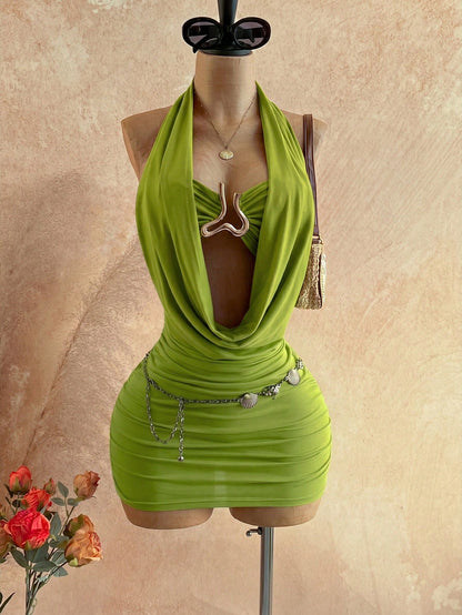 Soleia Women's Solid Color Plunging Neck Sleeveless Backless Fitted Mini Dress, Summer, Party Dress For Women Nightclub, Ruched Bodycon Dress,No Breast Pads