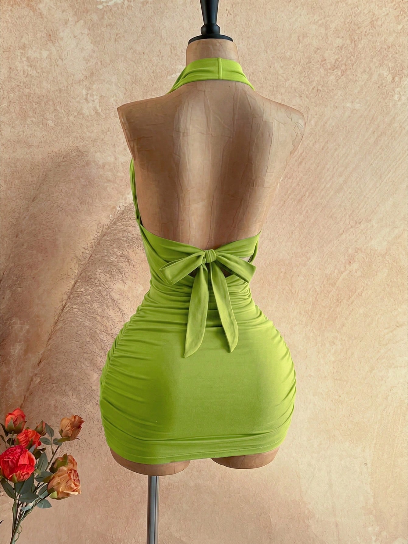 Soleia Women's Solid Color Plunging Neck Sleeveless Backless Fitted Mini Dress, Summer, Party Dress For Women Nightclub, Ruched Bodycon Dress,No Breast Pads