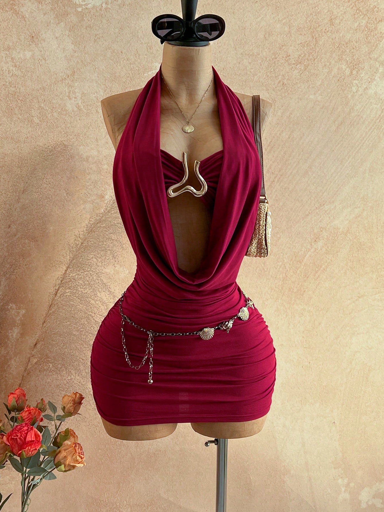 Soleia Women's Solid Color Plunging Neck Sleeveless Backless Fitted Mini Dress, Summer, Party Dress For Women Nightclub, Ruched Bodycon Dress,No Breast Pads