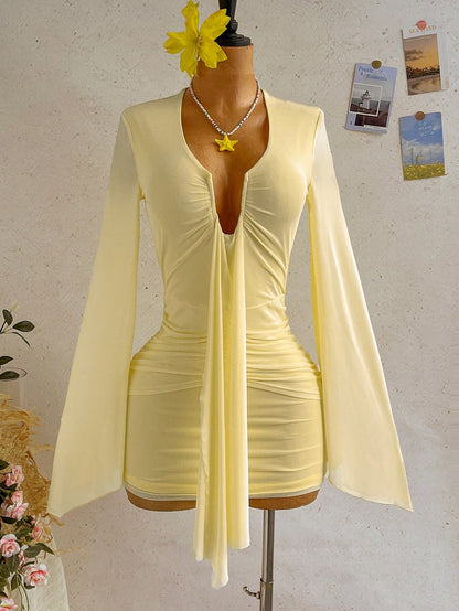 Soleia Women's Solid Color Ruffle Flare Sleeve Sexy Mini Dress Date Night Night Out Pale Yellow Autumn