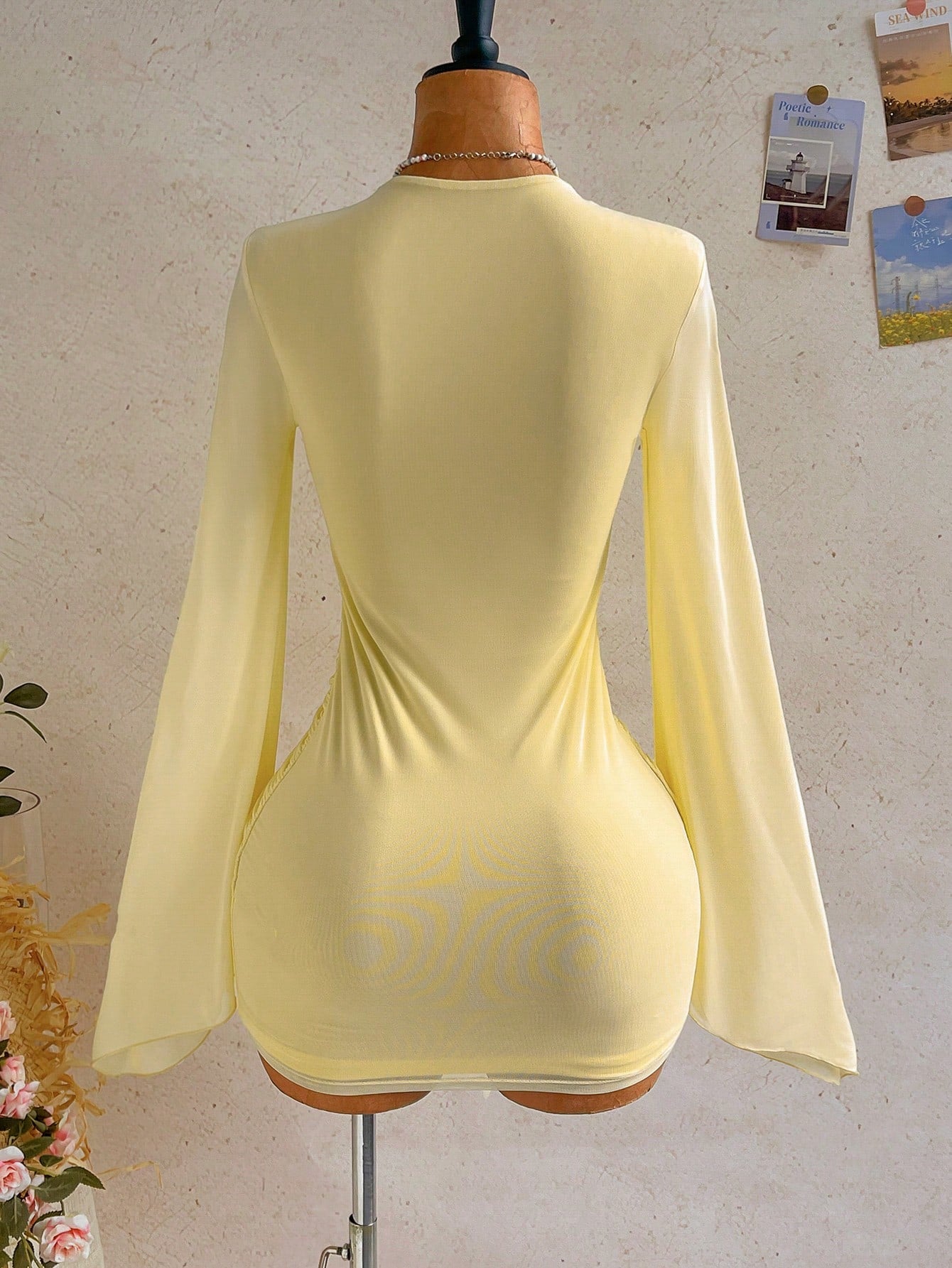Soleia Women's Solid Color Ruffle Flare Sleeve Sexy Mini Dress Date Night Night Out Pale Yellow Autumn