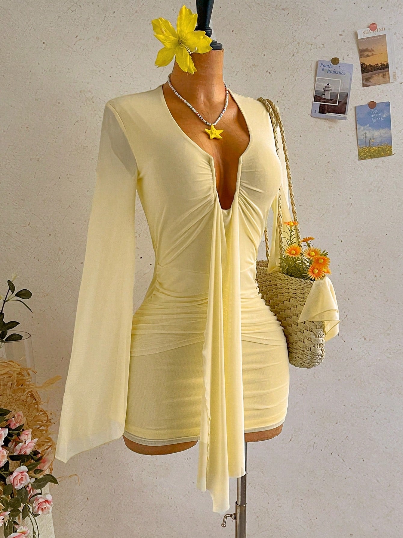 Soleia Women's Solid Color Ruffle Flare Sleeve Sexy Mini Dress Date Night Night Out Pale Yellow Autumn