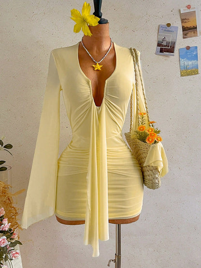 Soleia Women's Solid Color Ruffle Flare Sleeve Sexy Mini Dress Date Night Night Out Pale Yellow Autumn