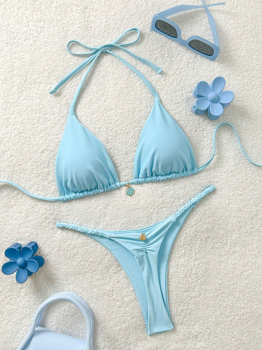 Soleia Women's Summer Beach Solid Color Halter Tie Sexy Bikini Two-Piece Swimsuit Set Plain Bikini Bikini Summer Bikinis Set