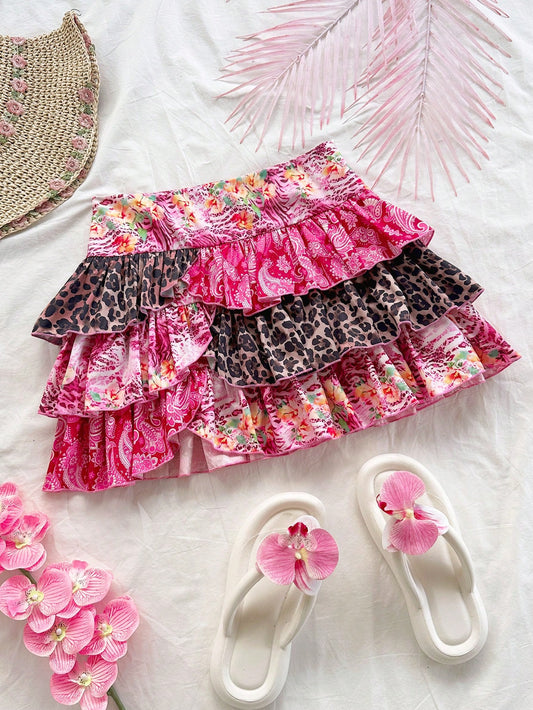 Soleia WYWH Women's Casual Y2k Vacation Multi-Layer Ruffle Mini Skirt, Paisley Print Mini Skirt Beach Pink Cheetah Print Summer