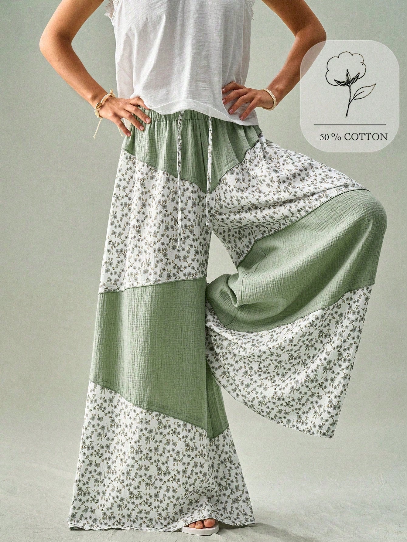 SoleilVie Spring Summer New Floral Patchwork Wide-Leg Pants Regular Waist Elastic Waist Resort Maxi Pants
