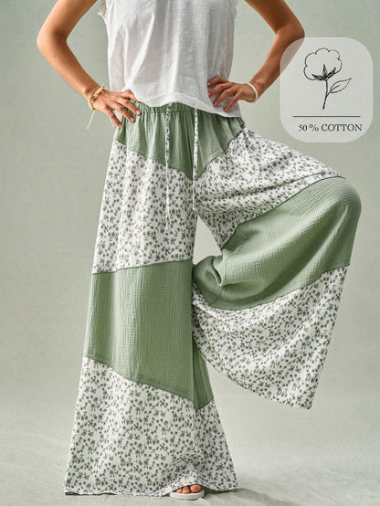 SoleilVie Spring Summer New Floral Patchwork Wide-Leg Pants Regular Waist Elastic Waist Resort Maxi Pants