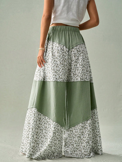 SoleilVie Spring Summer New Floral Patchwork Wide-Leg Pants Regular Waist Elastic Waist Resort Maxi Pants