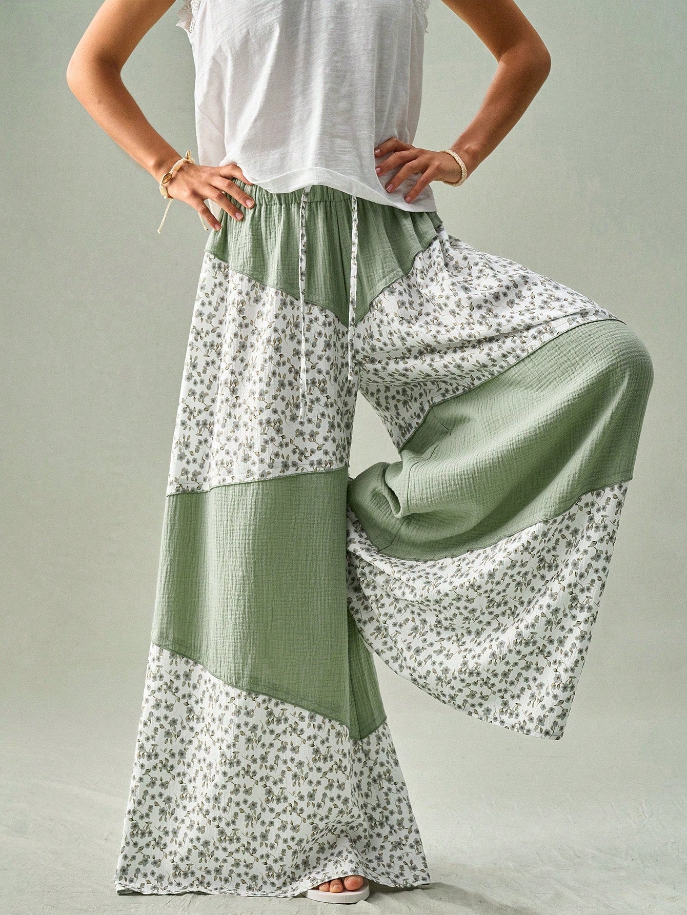SoleilVie Spring Summer New Floral Patchwork Wide-Leg Pants Regular Waist Elastic Waist Resort Maxi Pants