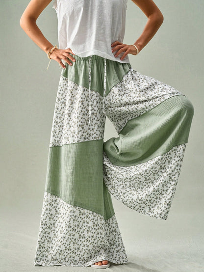 SoleilVie Spring Summer New Floral Patchwork Wide-Leg Pants Regular Waist Elastic Waist Resort Maxi Pants