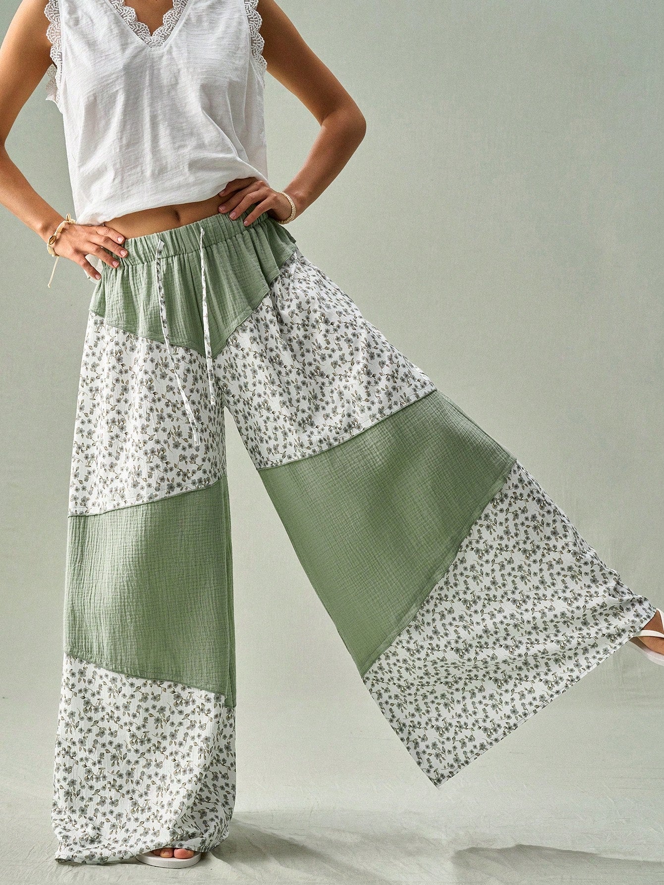 SoleilVie Spring Summer New Floral Patchwork Wide-Leg Pants Regular Waist Elastic Waist Resort Maxi Pants