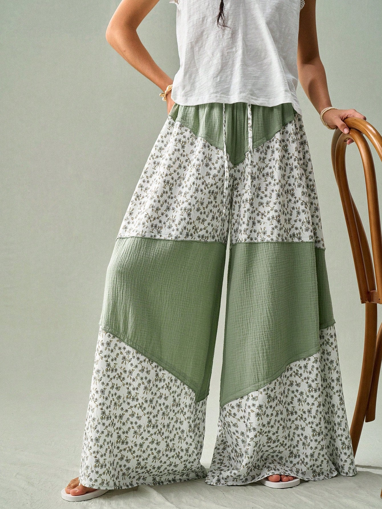 SoleilVie Spring Summer New Floral Patchwork Wide-Leg Pants Regular Waist Elastic Waist Resort Maxi Pants