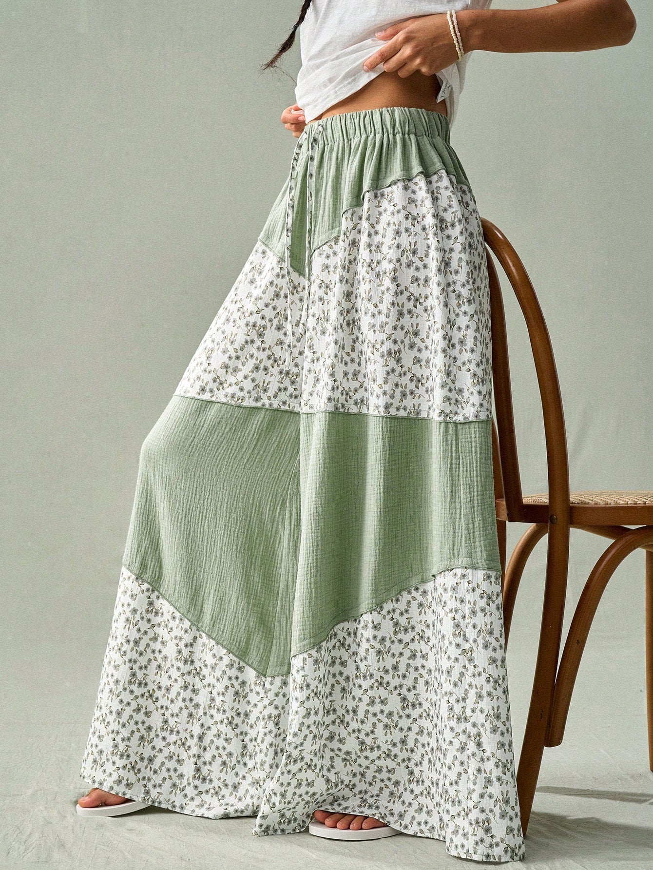 SoleilVie Spring Summer New Floral Patchwork Wide-Leg Pants Regular Waist Elastic Waist Resort Maxi Pants