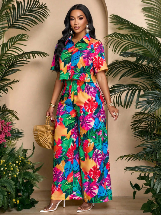 SOLERSUN Women's Tropical Print Loose A-Line Wide Leg Pants For Vacation Fall Cloth For Women