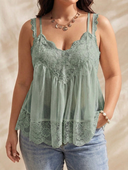 Solflare Sage Green Plus Size Women's Summer Contrast Lace Fashion Camisole Tank Top Vacation Boho