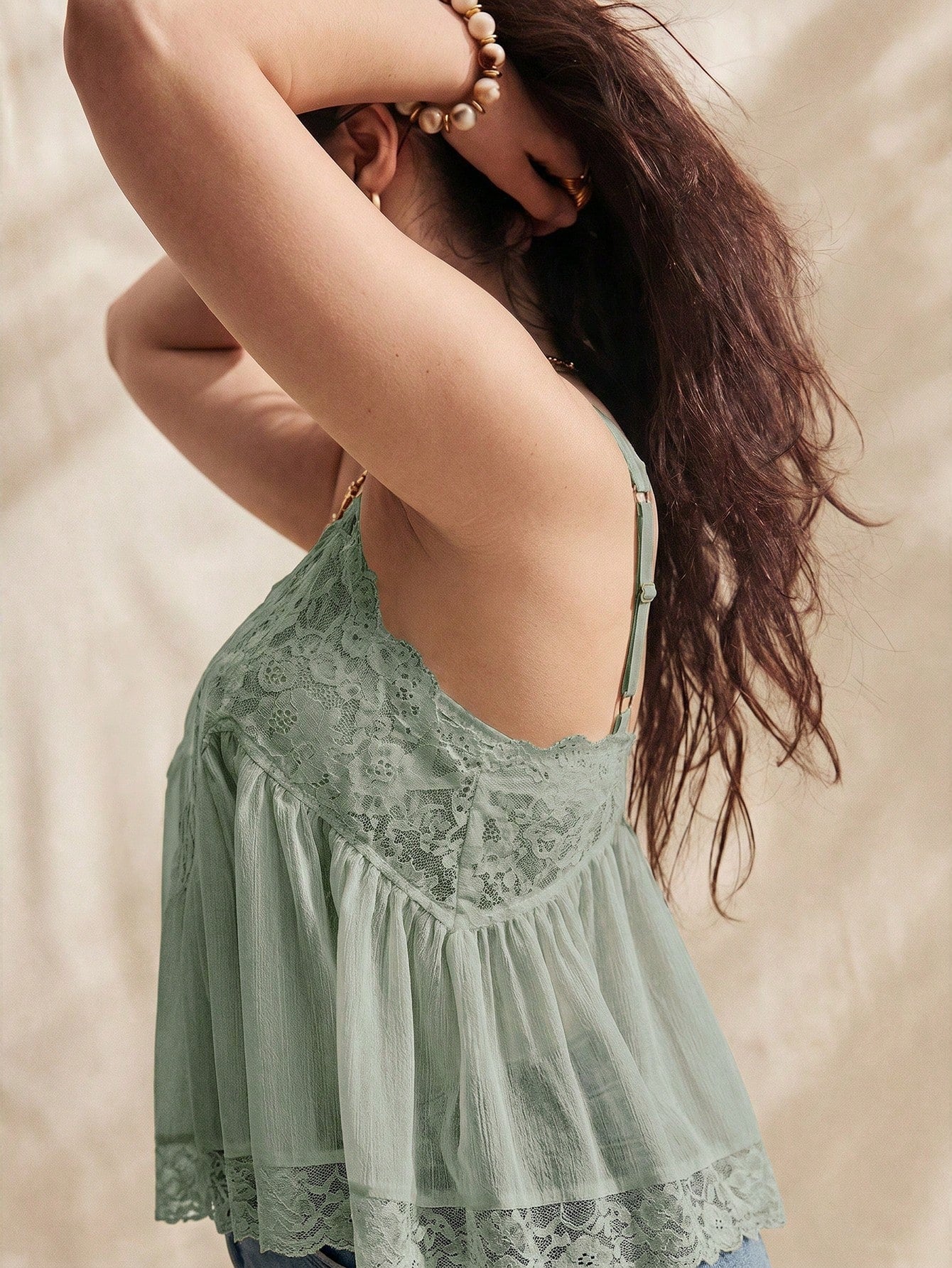 Solflare Sage Green Plus Size Women's Summer Contrast Lace Fashion Camisole Tank Top Vacation Boho