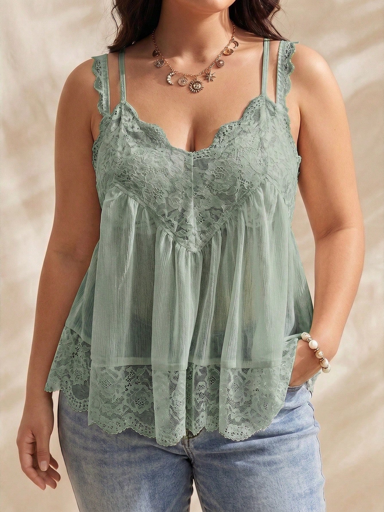 Solflare Sage Green Plus Size Women's Summer Contrast Lace Fashion Camisole Tank Top Vacation Boho