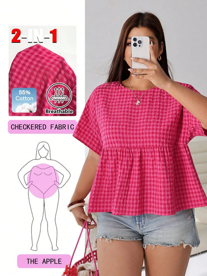 Solflare Women's Plus Size Plaid Textured Ruffle Hem Round Neck Top
