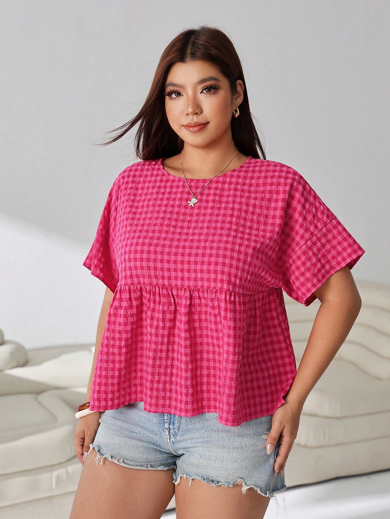 Solflare Women's Plus Size Plaid Textured Ruffle Hem Round Neck Top