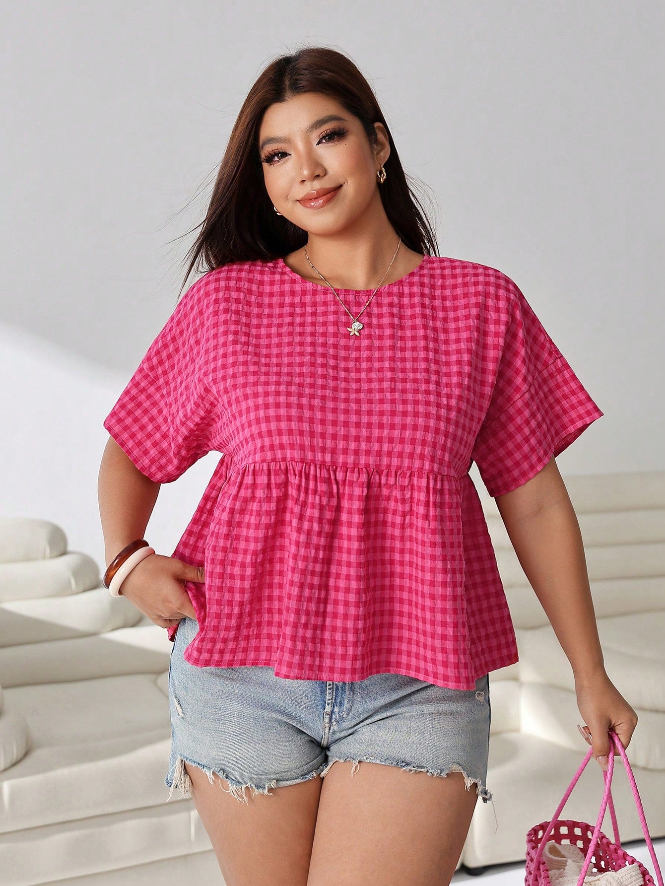 Solflare Women's Plus Size Plaid Textured Ruffle Hem Round Neck Top
