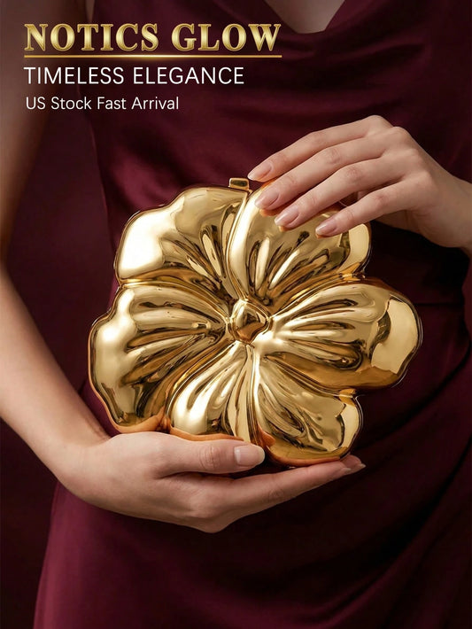 Solid Color Flower Shaped Metal Chain Shoulder Handbag For Women Exquisite Floral Evening Clutch Bag Party Bag Elegant Gold Purse For Wedding Prom