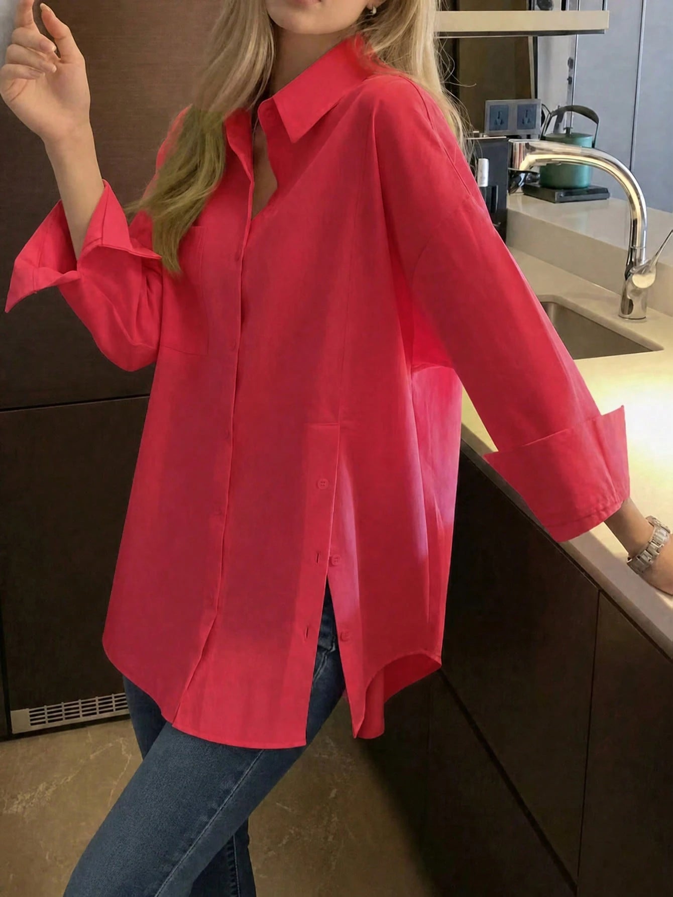 Solid Color Front Button Pocket Shirt, Suitable For Home, Daily Wear, Spring, Autumn, Winter, Effortless Style Red