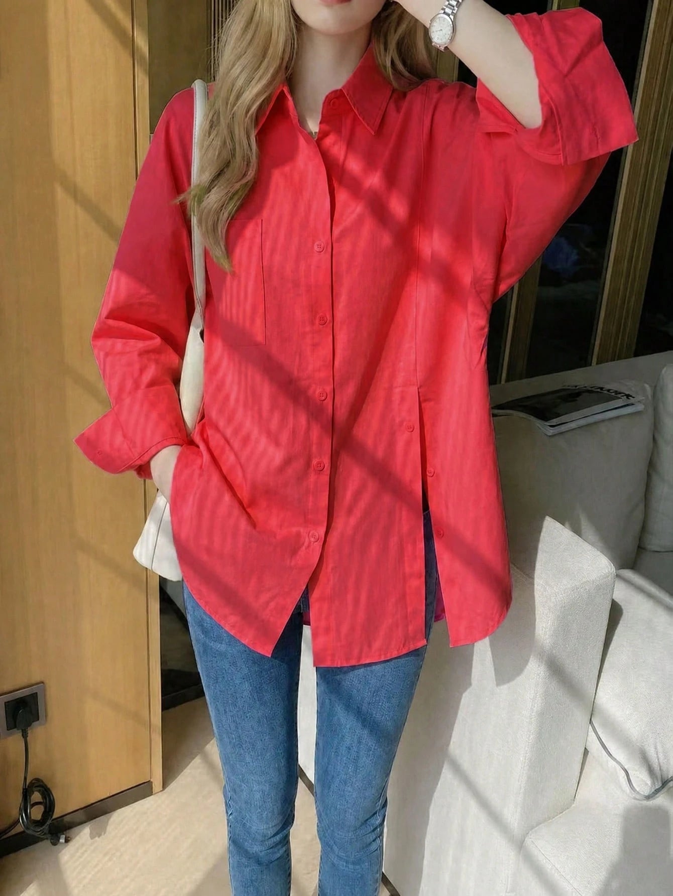 Solid Color Front Button Pocket Shirt, Suitable For Home, Daily Wear, Spring, Autumn, Winter, Effortless Style Red