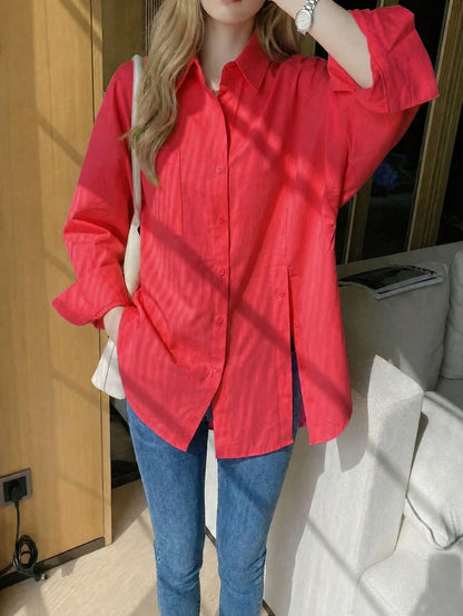 Solid Color Front Button Pocket Shirt, Suitable For Home, Daily Wear, Spring, Autumn, Winter, Effortless Style Red