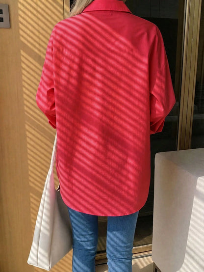 Solid Color Front Button Pocket Shirt, Suitable For Home, Daily Wear, Spring, Autumn, Winter, Effortless Style Red
