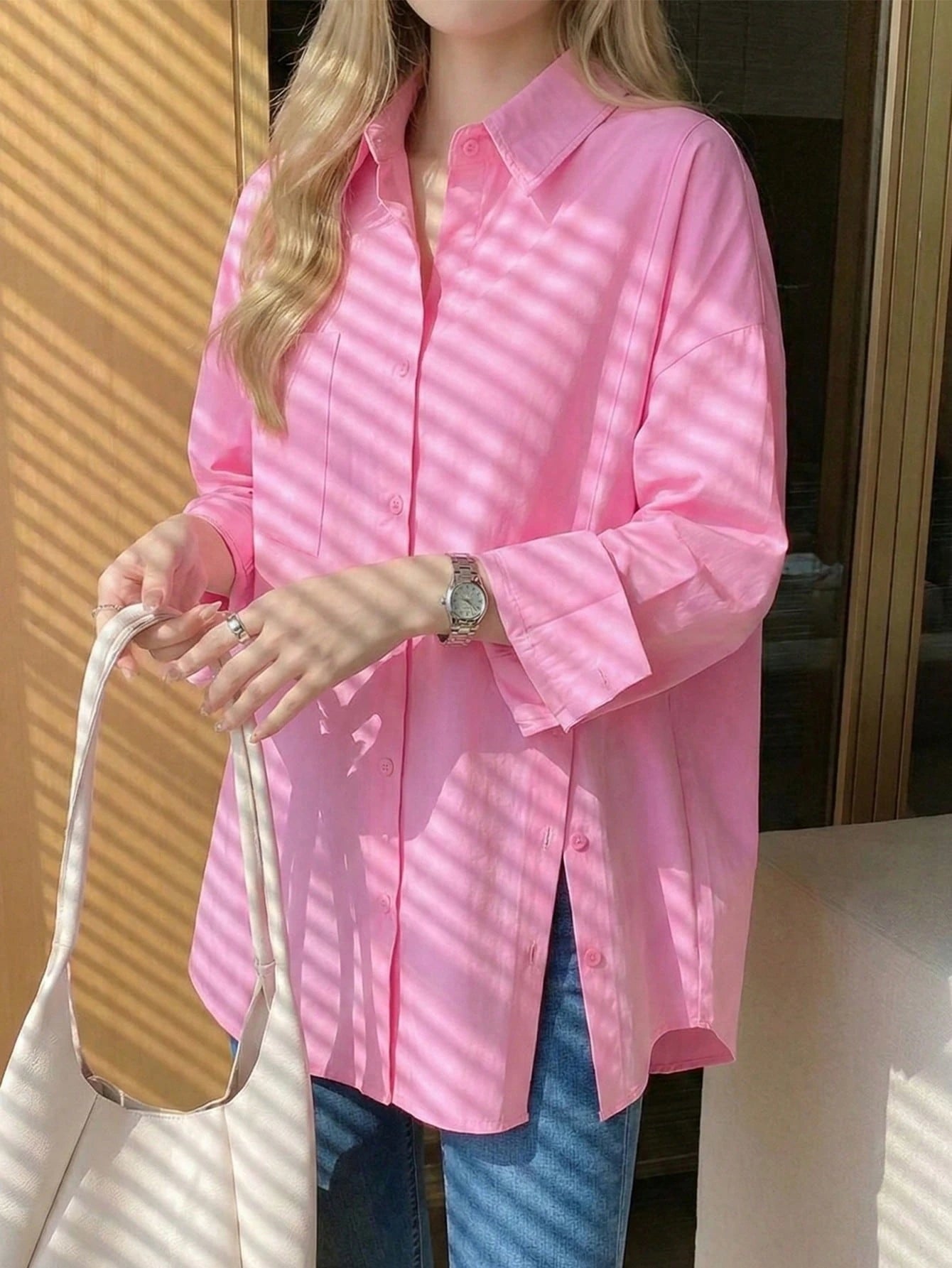 Solid Color Front Button Pocket Shirt, Suitable For Home, Daily Wear, Spring, Autumn, Winter, Effortless Style Red