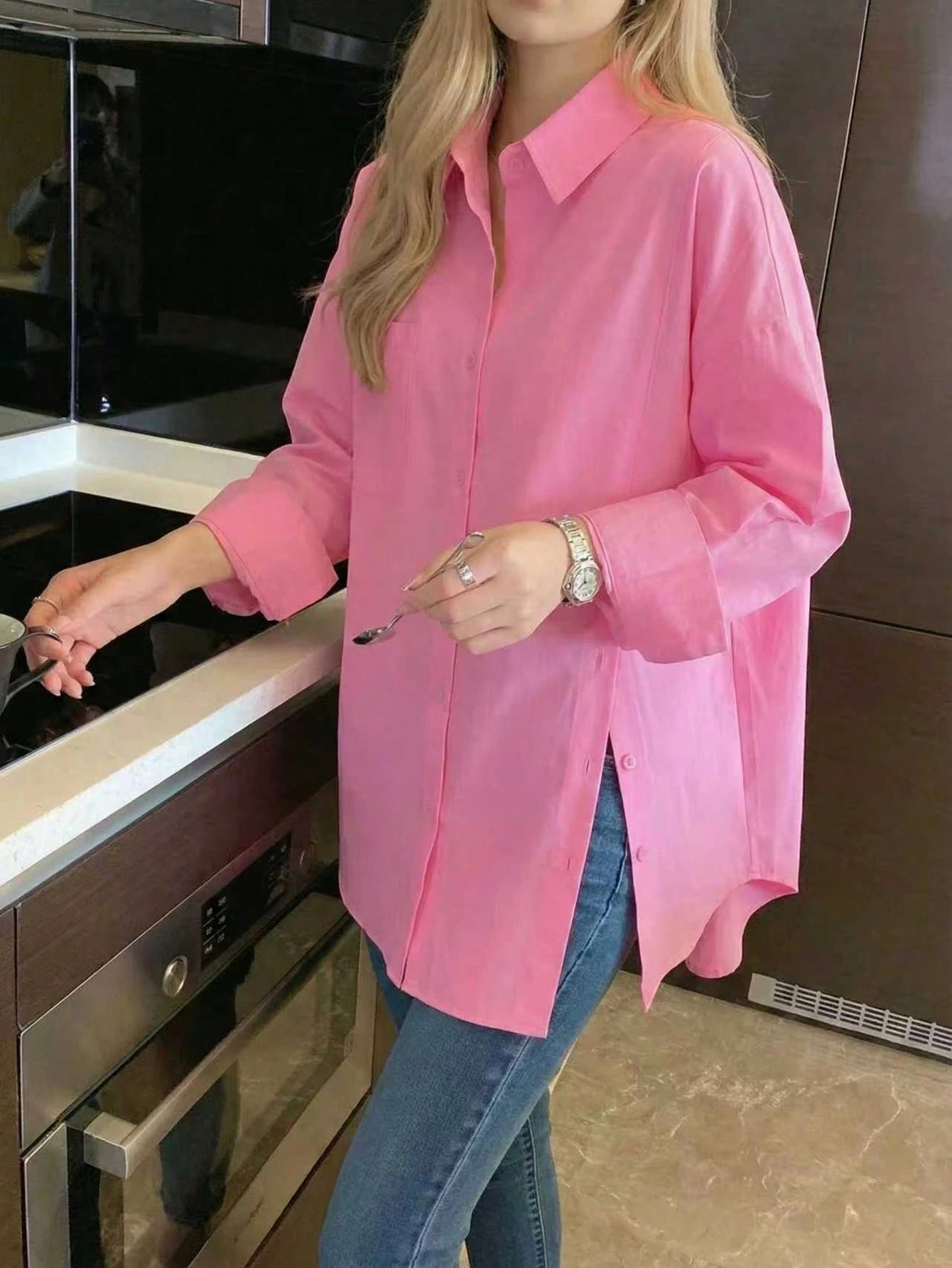 Solid Color Front Button Pocket Shirt, Suitable For Home, Daily Wear, Spring, Autumn, Winter, Effortless Style Red