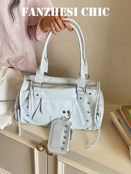 Solid Color Leather Rivet Design Dual Handle Multi-Pocket Portable Storage Bag Zipper Closure Street Casual Vintage Commuter Style Office Worker Student Daily Shopping Travel Outfit Personalized Popul