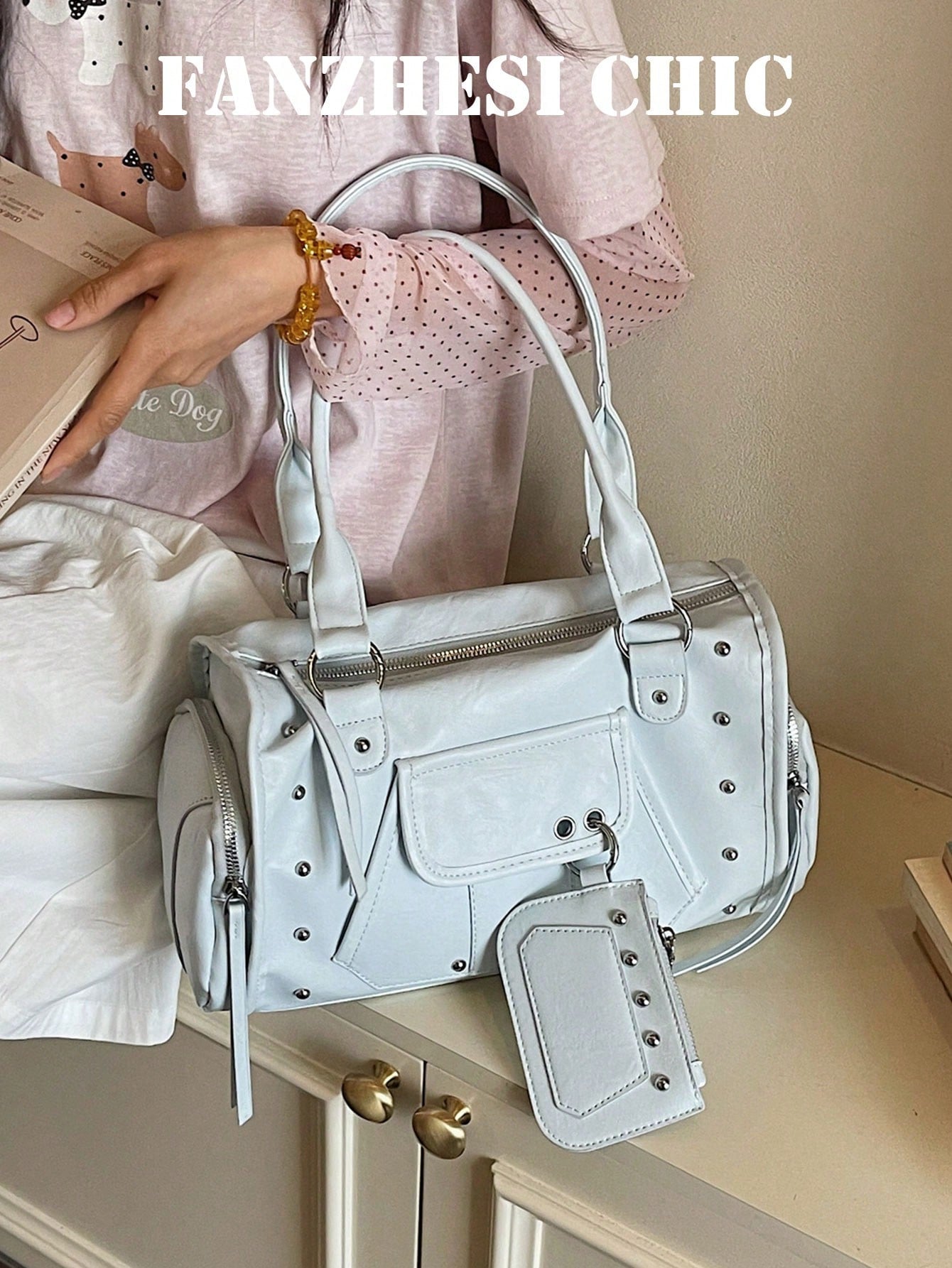 Solid Color Leather Rivet Design Dual Handle Multi-Pocket Portable Storage Bag Zipper Closure Street Casual Vintage Commuter Style Office Worker Student Daily Shopping Travel Outfit Personalized Popul