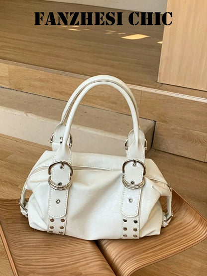 Solid Color Leather Rivet Design Dual Handle Multi-Pocket Portable Storage Bag Zipper Closure Street Casual Vintage Commuter Style Office Worker Student Daily Shopping Travel Outfit Personalized Popul