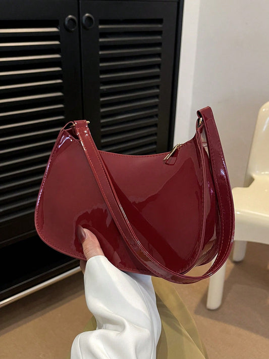 Solid Color Minimalist Zipper Closure Shoulder Bag Stylish Simple Crescent Bag, Zipper Shoulder Bag, Faux Leather Solid Color Purse, Burgundy Bag& New Year Ideal Gift, Fashionable Burgundy Bag, Old M