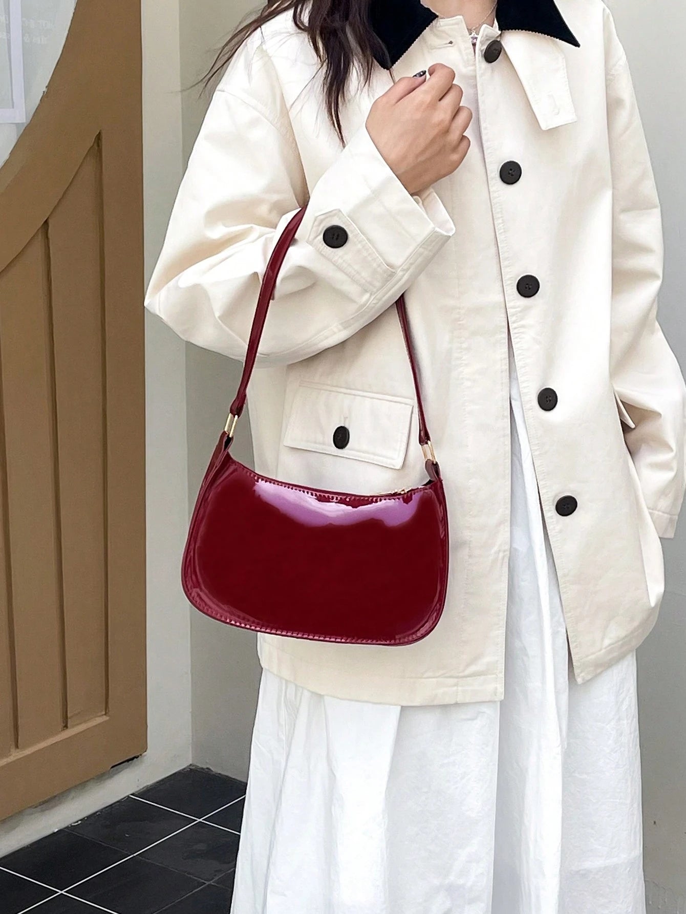 Solid Color Minimalist Zipper Closure Shoulder Bag Stylish Simple Crescent Bag, Zipper Shoulder Bag, Faux Leather Solid Color Purse, Burgundy Bag& New Year Ideal Gift, Fashionable Burgundy Bag, Old M