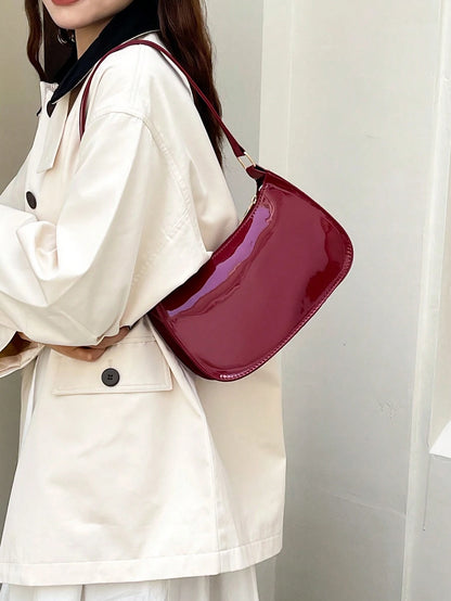 Solid Color Minimalist Zipper Closure Shoulder Bag Stylish Simple Crescent Bag, Zipper Shoulder Bag, Faux Leather Solid Color Purse, Burgundy Bag& New Year Ideal Gift, Fashionable Burgundy Bag, Old M