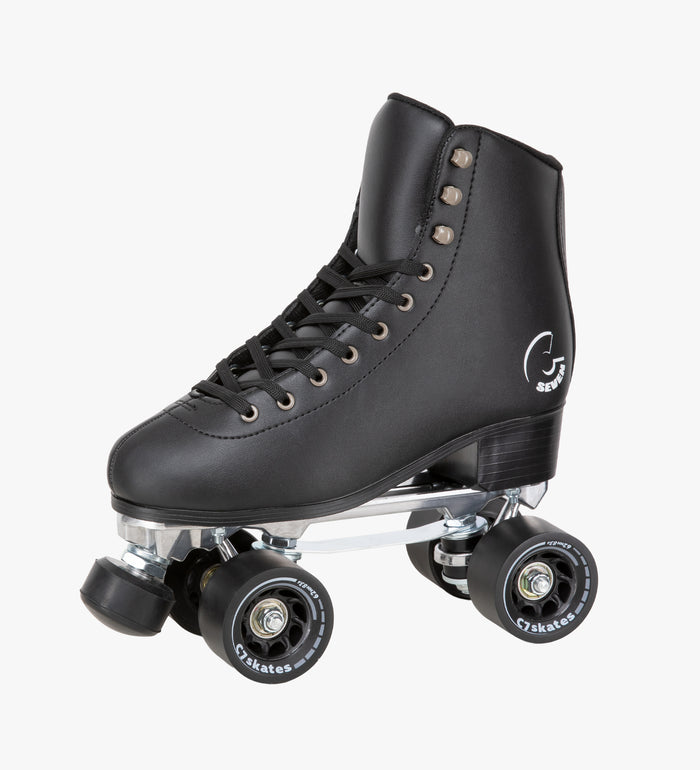 Black roller skate with visible brand logo on a white background