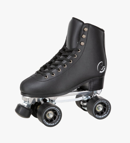 Black roller skate with visible brand logo on a white background