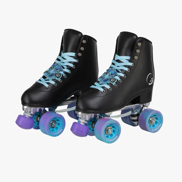 Black roller skates with blue laces and purple wheels on a white background