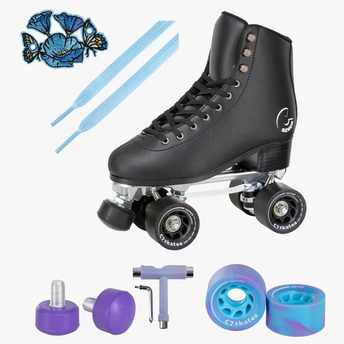 Black roller skate with accessories on a white background