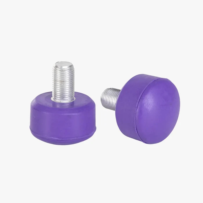 Two purple floor protectors with metal screws on a white background