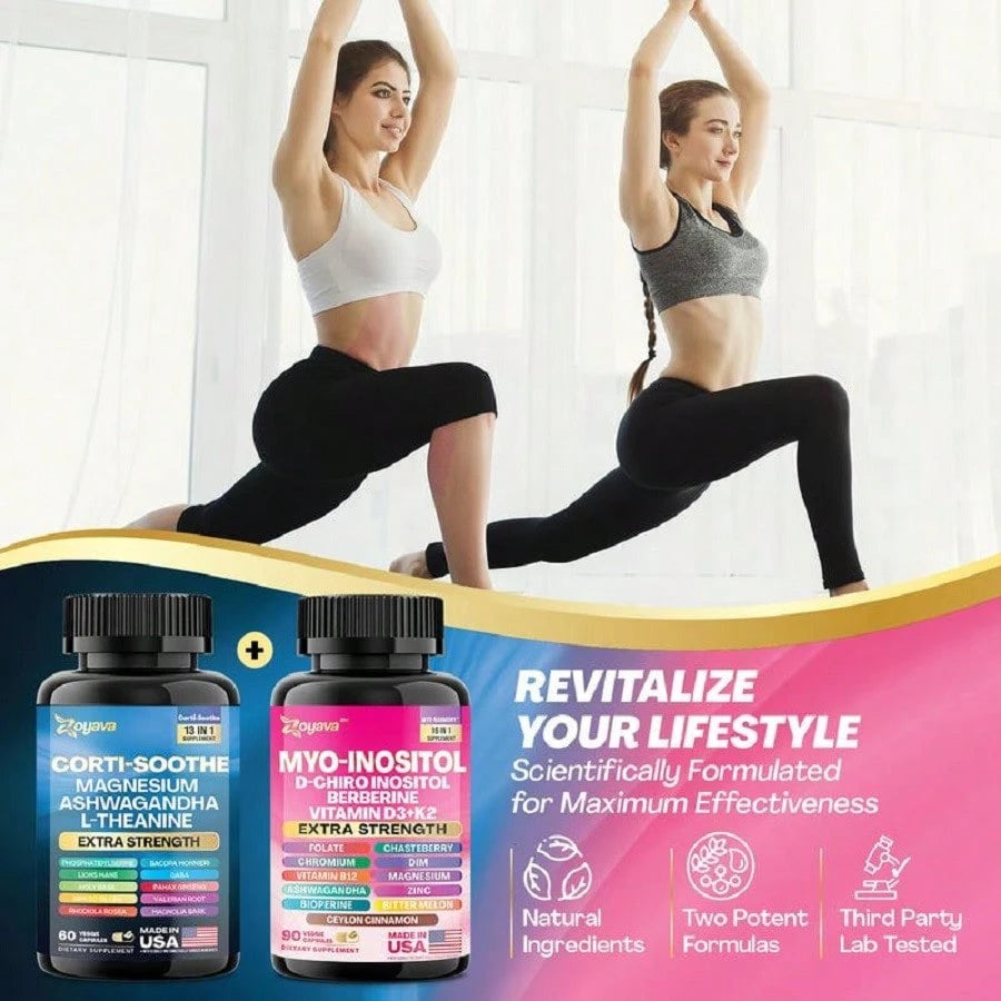 Soothe & Smooth Bundle- Zoyava Cortisol And Myo-Inositol All-In-One Dietary Supplement- Multivitamin Combo With Extra Strength Ingredients For Fitness & Healthcare- MADE IN USA Vitamins Supplements