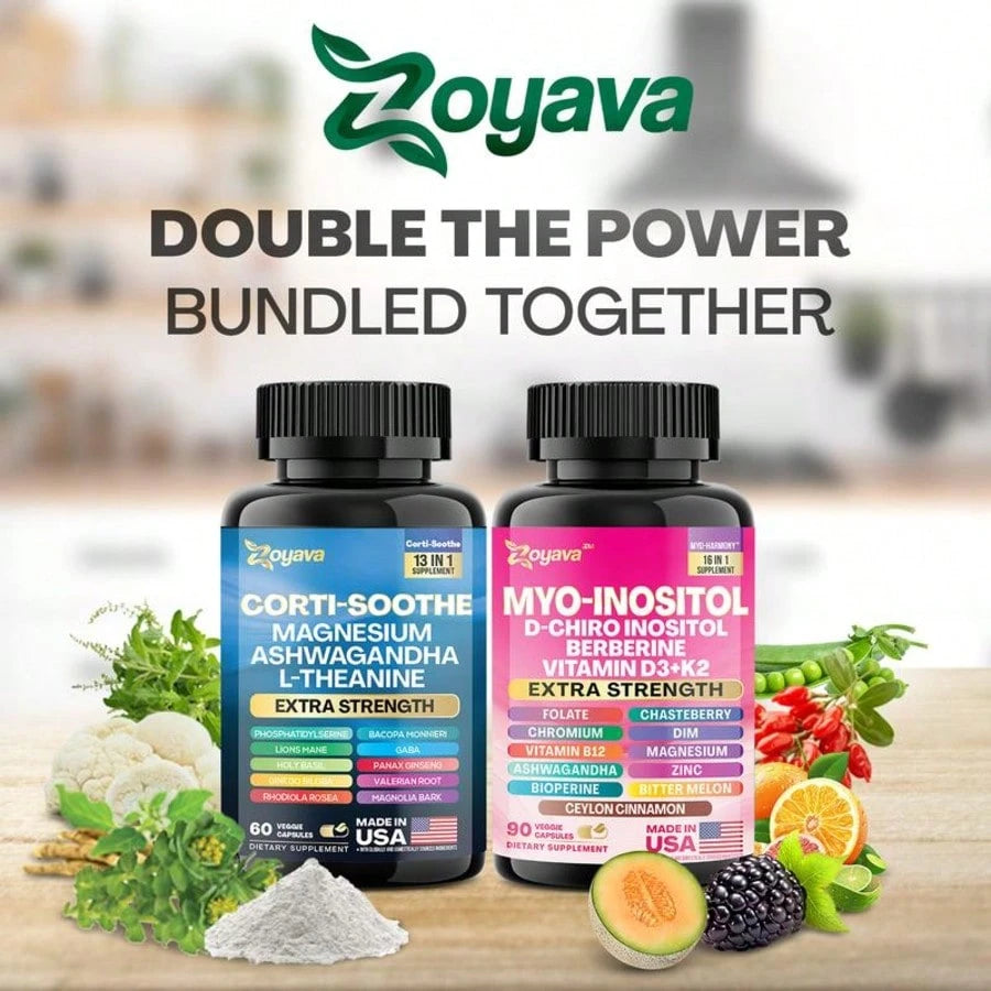 Soothe & Smooth Bundle- Zoyava Cortisol And Myo-Inositol All-In-One Dietary Supplement- Multivitamin Combo With Extra Strength Ingredients For Fitness & Healthcare- MADE IN USA Vitamins Supplements