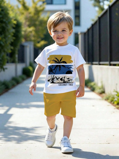 Souflis Souflis 1 Set Toddler Boys' Summer Coconut Tree & Letter Print Short Sleeve Outfit, Suitable For Beach Vacation/Casual Play, Ideal For Outings, Spring/Summer