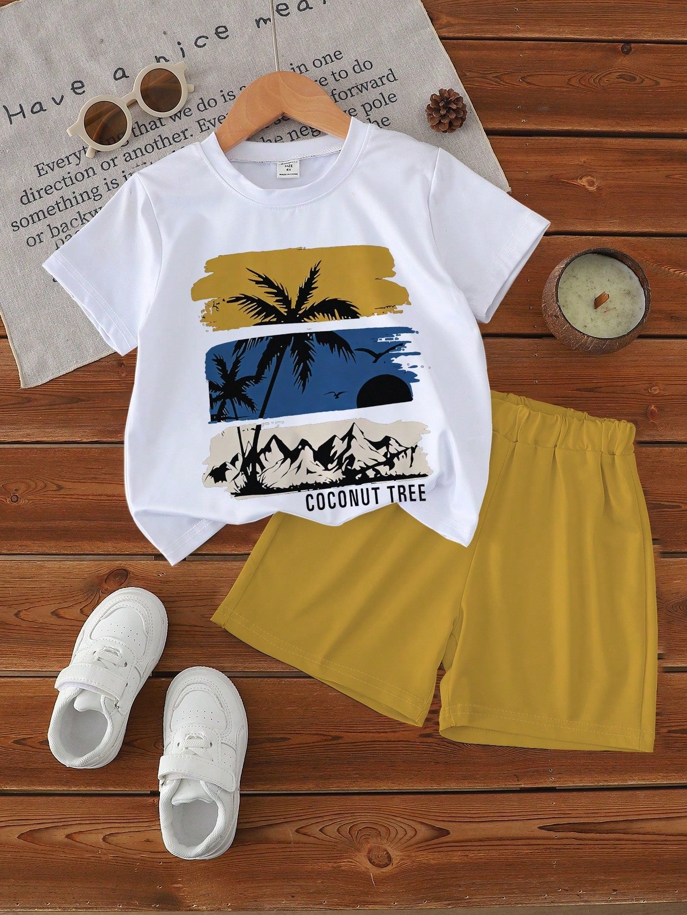 Souflis Souflis 1 Set Toddler Boys' Summer Coconut Tree & Letter Print Short Sleeve Outfit, Suitable For Beach Vacation/Casual Play, Ideal For Outings, Spring/Summer