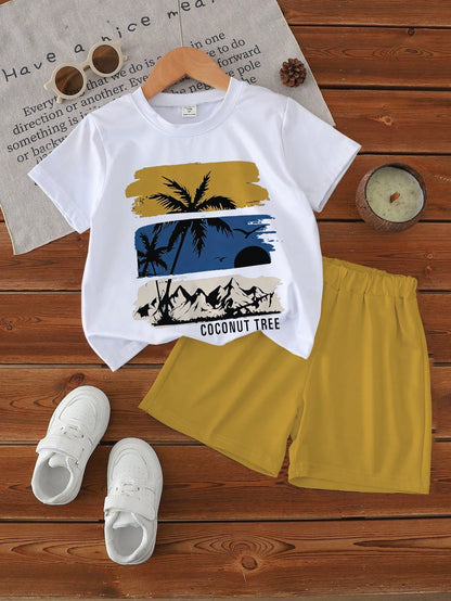 Souflis Souflis 1 Set Toddler Boys' Summer Coconut Tree & Letter Print Short Sleeve Outfit, Suitable For Beach Vacation/Casual Play, Ideal For Outings, Spring/Summer